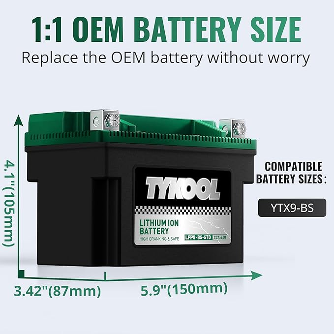 TYKOOL YTX9-BS -STD 240CCA Lithium LiFePO4 Motorcycle Battery, 2X Cranking Amps - Image 3