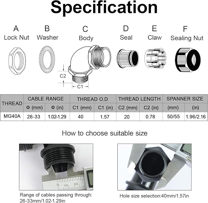 LeMotech M40 Cable Gland, 90 Degree Adjustable 26-33mm Cable Range Strain Relief - Image 2