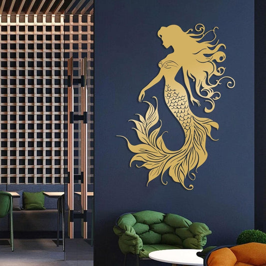 Veplsur Mermaid Metal Wall Art, Metal Mermaid Wall Decor, Marine Biology Wall Decor, Ocean Wall Art, Nautical Wall Hanging, Beach Hanging for Bathroom Bedroom (Gold, 53"x38"|135x96cm)
