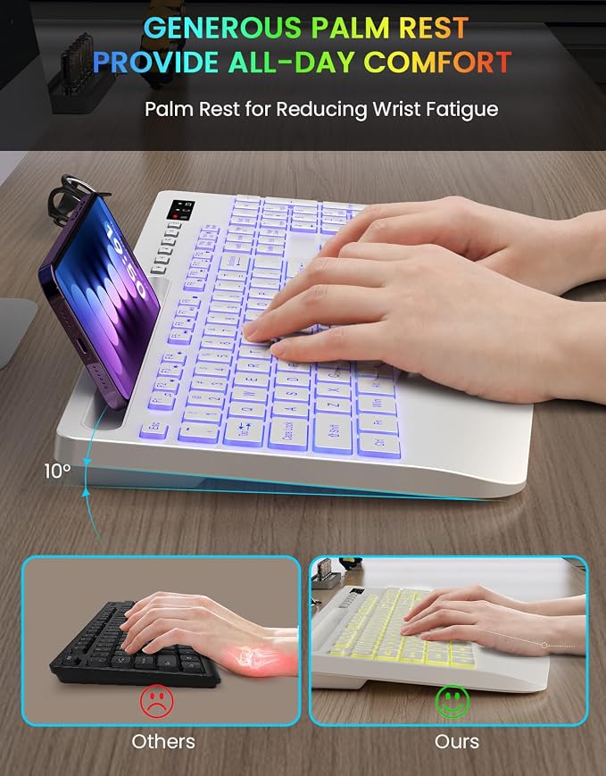 Wireless Keyboard with 7 Colored Backlit, Wrist Rest, Phone Holder, - Image 3