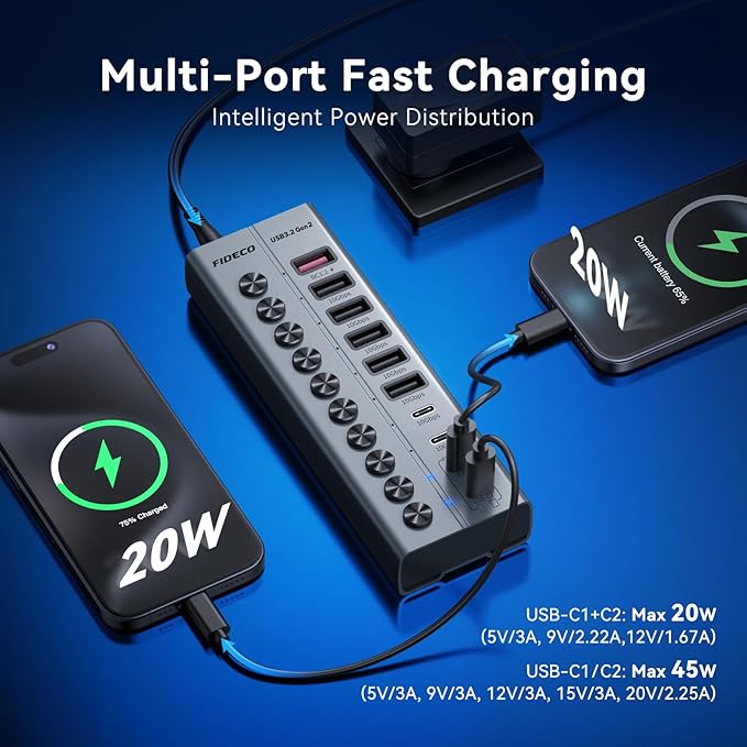 FIDECO 10-Port 72W Powered USB Hub, USB C Hub - Image 4