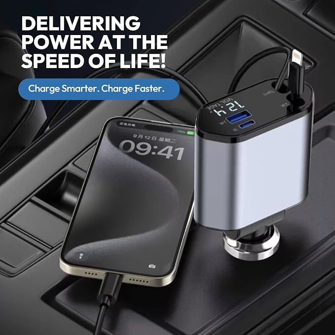 120W Retractable Car Charger 4-in-1 USB-C & Lightning Cable – Fast Charging - Image 3