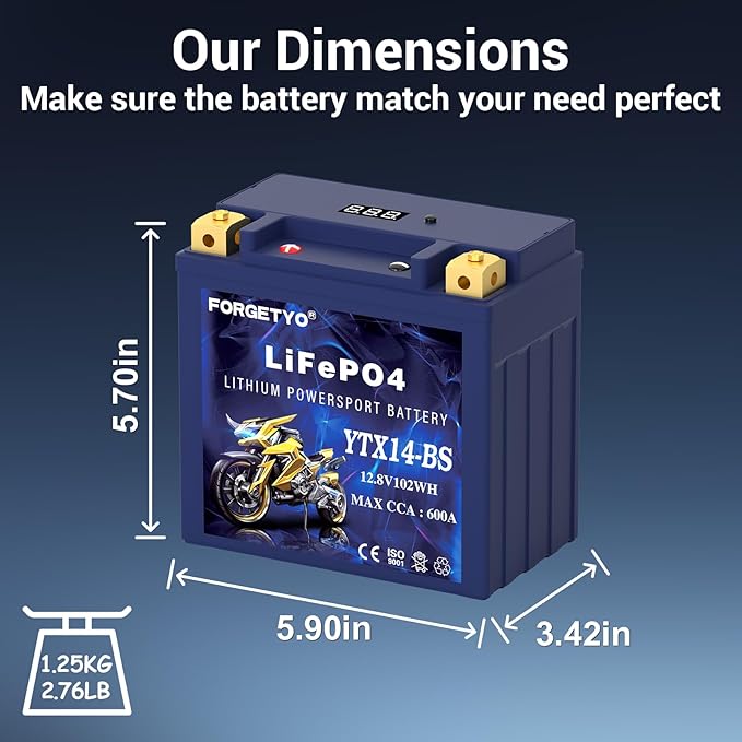YTX14-BS Lithium Motorcycle Battery, ATV Battery 12V 8AH 600CCA Compatible - Image 4