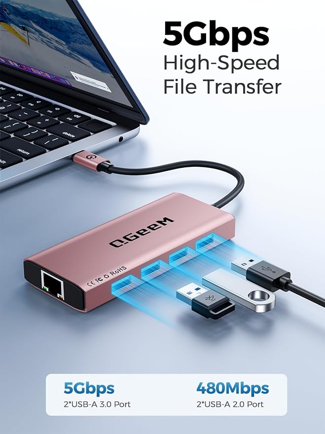 QGeeM USB C Hub Ethernet, 9 in 1 USB Type C Hub HDMI Multi-Port Converter - Image 4