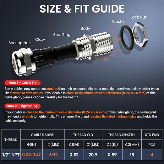 QILIPSU 10pcs 1/2" NPT 304 Stainless Steel Cable Gland Long Thread Waterproof - Image 6