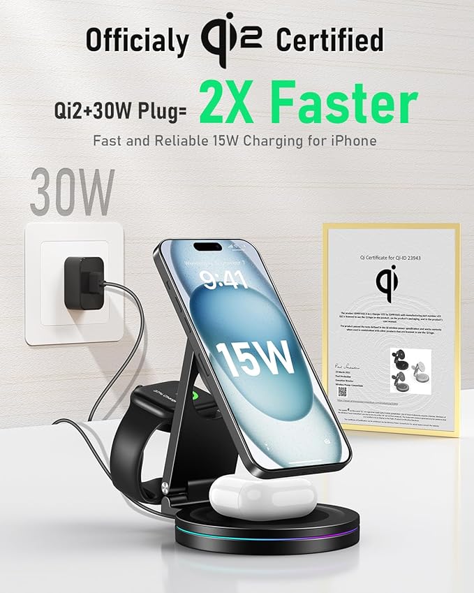 2025 Upgraded Qi2 Foldable 360º Rotatable Zinc Alloy 3 in 1 Magnetic Wireless - Image 2
