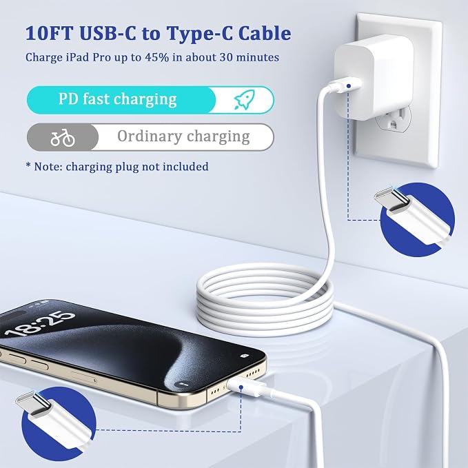 Long USB C Cable 10ft Fast Charging, - Image 2