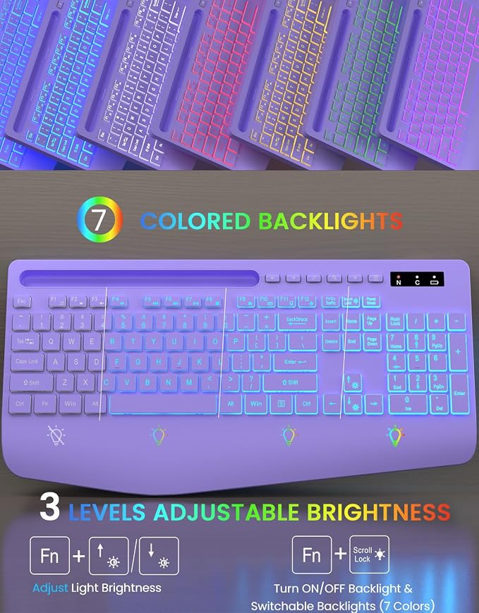 Wireless Keyboard with 7 Colored Backlits, Wrist Rest, Phone Holder, - Image 2