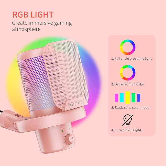 FEELWORLD VM1 Pink Gaming PC USB Microphone Condenser Mic - Image 4