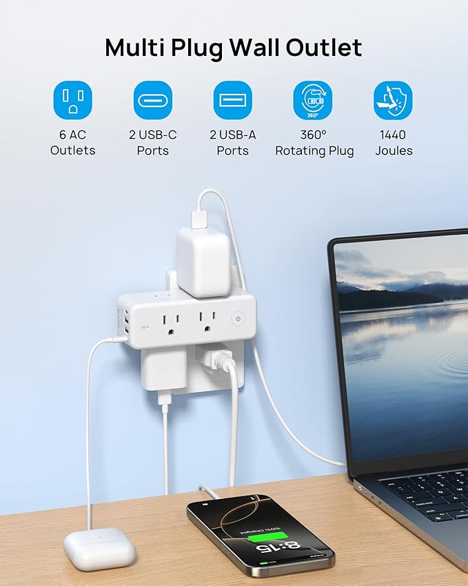 TROND Outlet Extender Surge Protector, 6 AC Outlet Splitter - Image 2