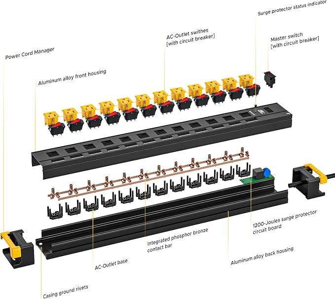 CRST 12 Outlets Long Power Strip, 9 FT Cord Metal Wall Mount Surge Protector - Image 7