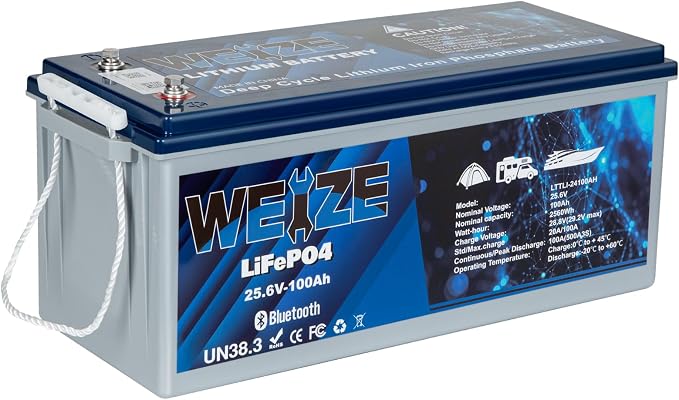 WEIZE 24V 100AH Bluetooth LiFePO4 Lithium Battery, Grade A Cells, 150A BMS by WEIZE