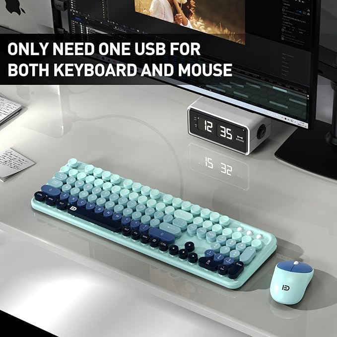 Wireless Keyboard and Mouse Set, 104 Round Keys Full-Size Cute Colorful - Image 7