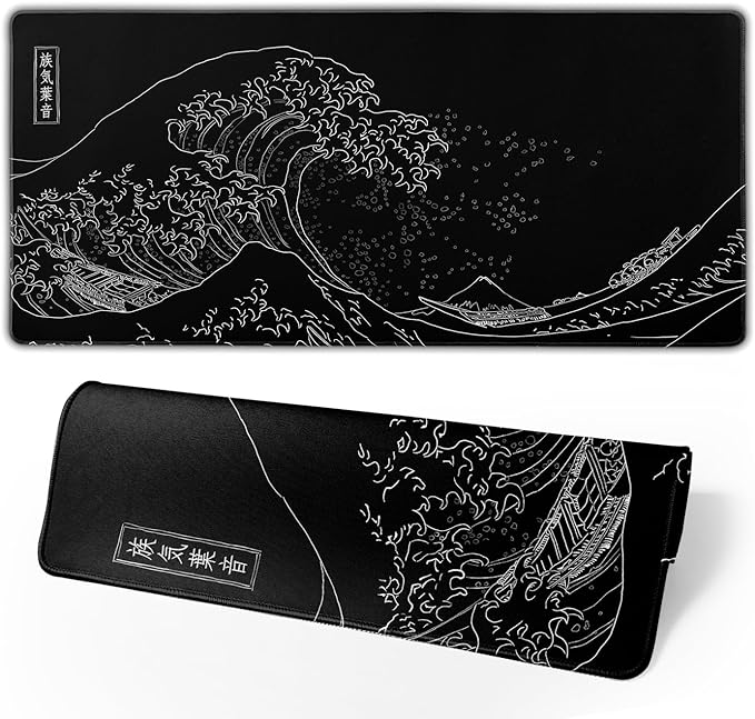Japanese Gaming Mouse Pad Black Mouse Pad Kanagawa Large Mousepad Non-Slip by Brecoy