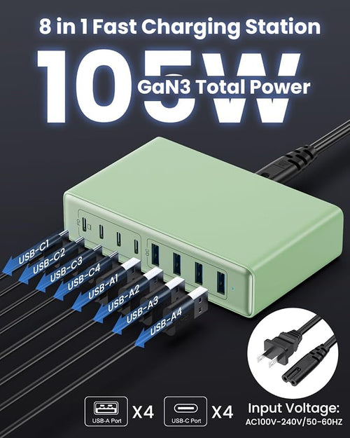105W USB C Charger Block, 8-Ports GaN III Fast Charging Station Hub, QC4.0+PD - Image 2