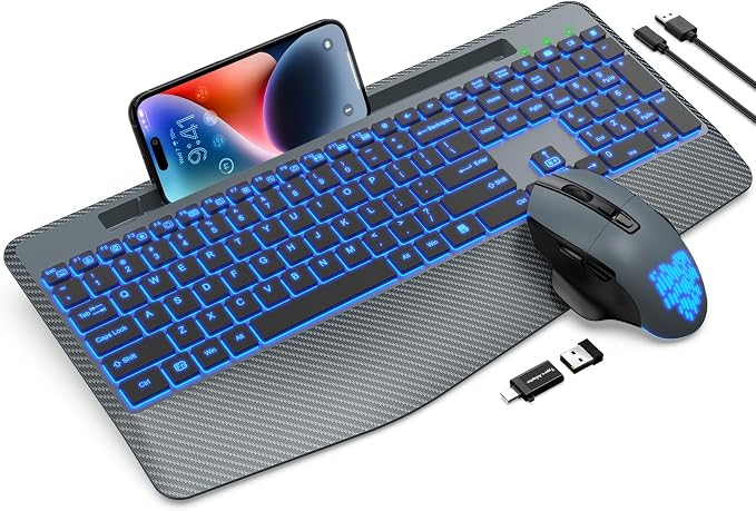 Wireless Keyboard and Mouse Backlits, Wrist Rest, Jiggler Mouse, Rechargeable by SABLUTE