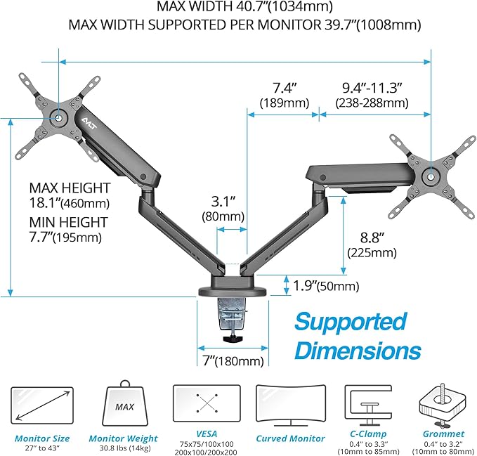 AVLT Dual 27”-43” RGB Gaming Monitor Arm Desk Mount Built-in 20 Lighting Modes - Image 4