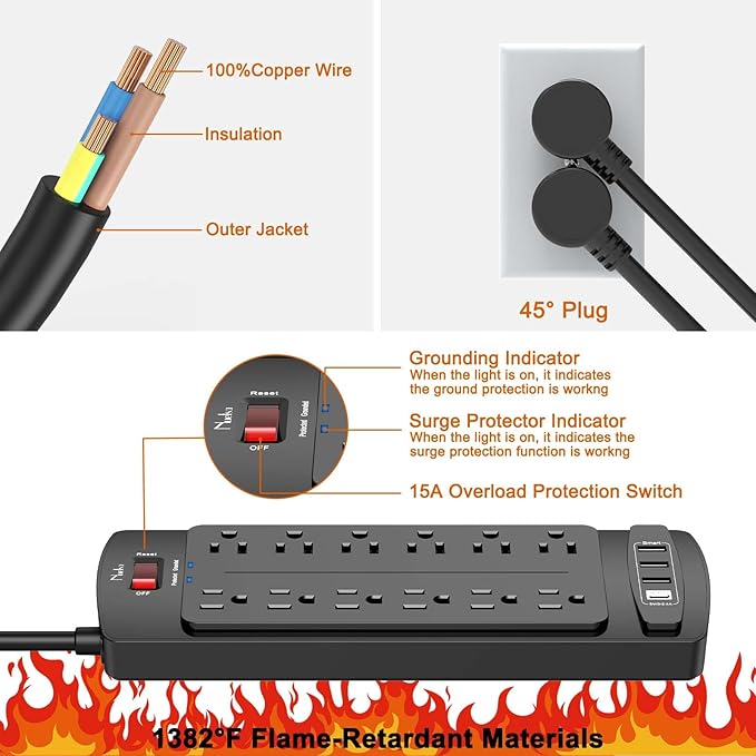 Surge Protector Power Strip, Nuetsa 12 Outlets and 4 USB Ports, 6 Feet - Image 6
