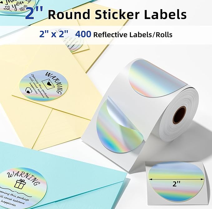 2'' Circle Thermal Labels, Holographic Sliver 400pcs Round Thermal Printer - Image 2