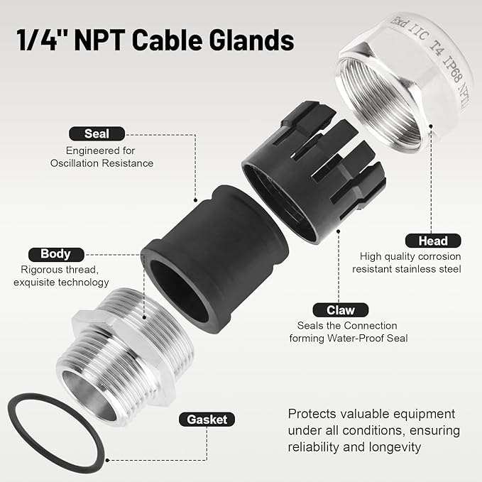 NPT 1/4" Stainless Steel Waterproof Cable Gland IP68 Waterproof Cable Gland - Image 3