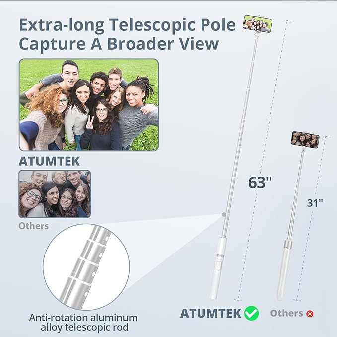 ATUMTEK 63" Phone Tripod, Extendable Selfie Stick Tripod - Image 2