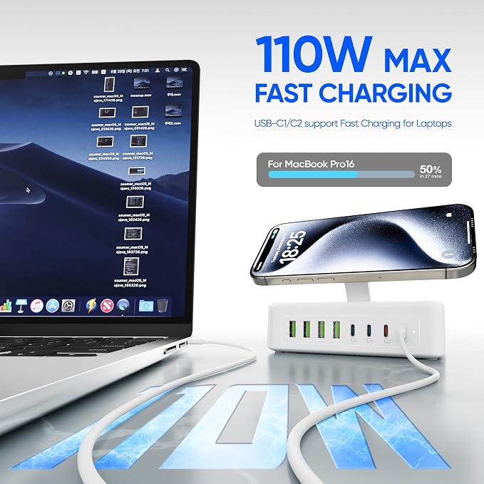 160W USB Charging Station Power Strip, 11-in-1 USB C Charger Block, 2AC Outlets - Image 3