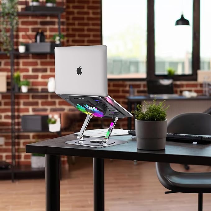Laptop Stand, with 360°Rotating Base, External Cooling Fan, Adjustable RGB - Image 3