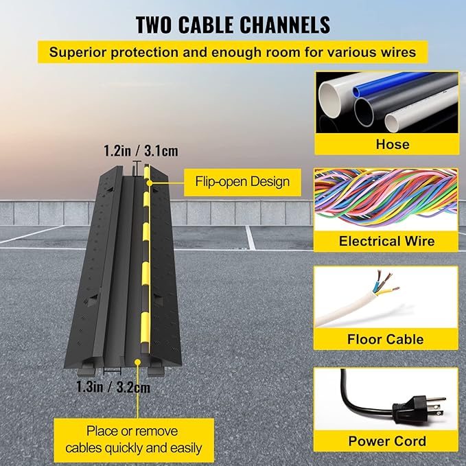 VEVOR Cable Protector Ramp, 4 Packs 2 Channels Rubber Modular Speed Bumps Rated - Image 3