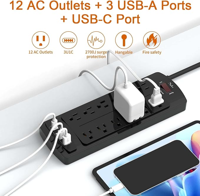 Surge Protector Power Strip, Nuetsa 12 Outlets and 4 USB Ports, 6 Feet - Image 2