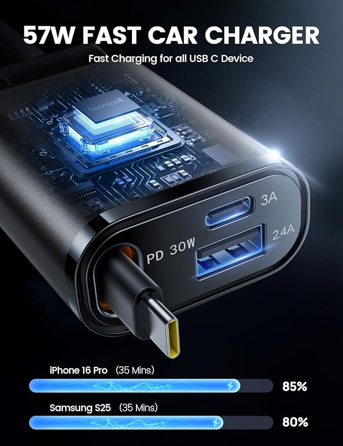 Lamicall Retractable Car Charger USB C Fast Charging 57W Type C Car Phone - Image 6