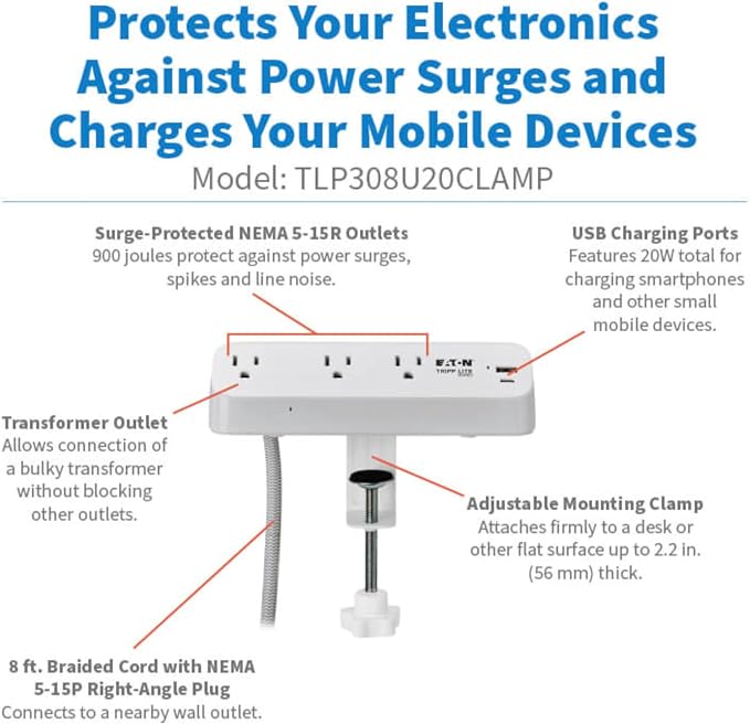 Eaton Tripp Lite Series Desk Clamp Power Strip Surge Protector, USB-A & USB-C - Image 2