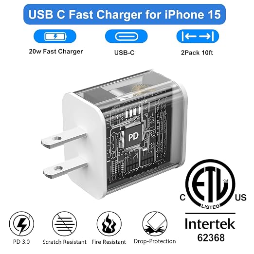 iPhone 15 Charger Fast Charging, 20W USB C Charger Block Plug Brick 10FT USB C - Image 5