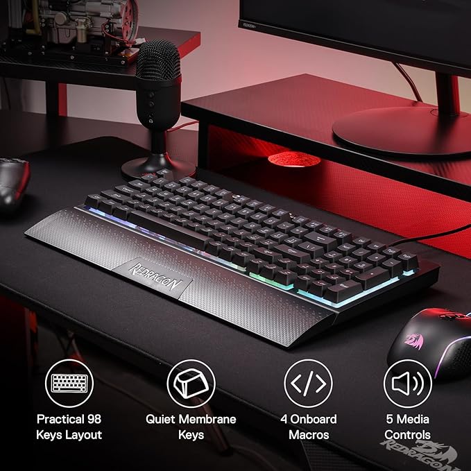 Redragon K515 Shiva Wired RGB Membrane Gaming Keyboard, 98 Keys Mechanical-Feel - Image 2