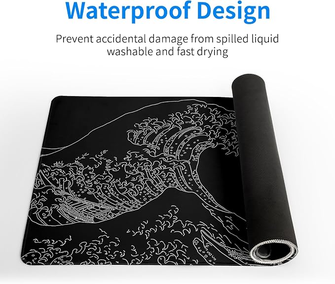 Japanese Sea Wave Large Mouse Pad Abstract Black Mouse Pad 31.5x11.8 Inch Black - Image 4