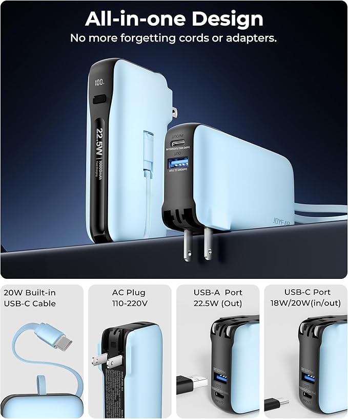 1 Pack Portable Charger with Built-in USB-C Cable & Plug, 000mAh 5V/4.5A Power - Image 2