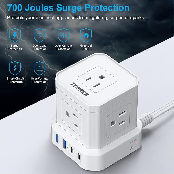 TOPREK Power Strip 25 FT Extra Long Extension Cord | Flat Plug Surge Protector - Image 5