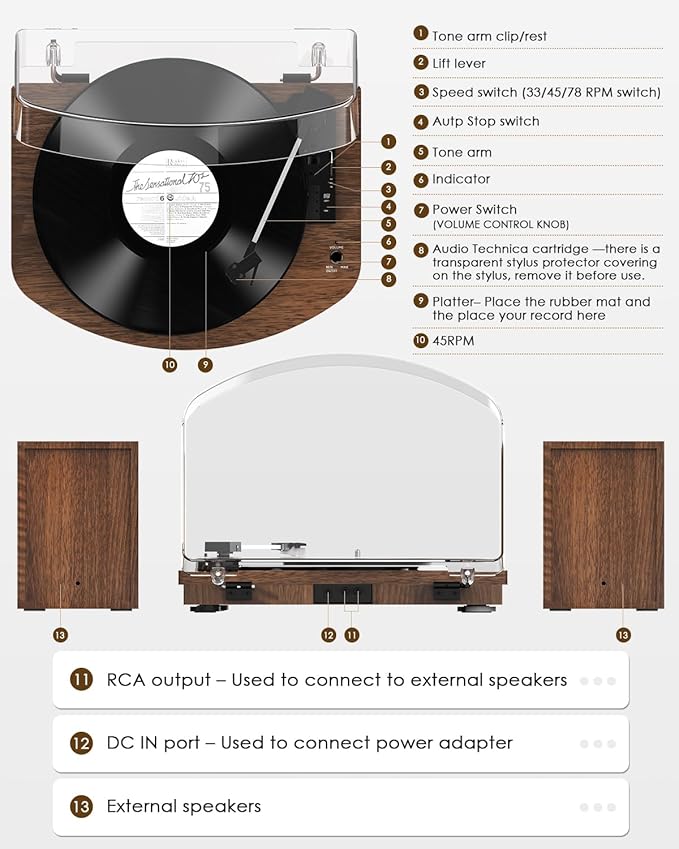 Vinyl Record Player with Dual Stereo Speakers, Belt Drive Turntable with - Image 6