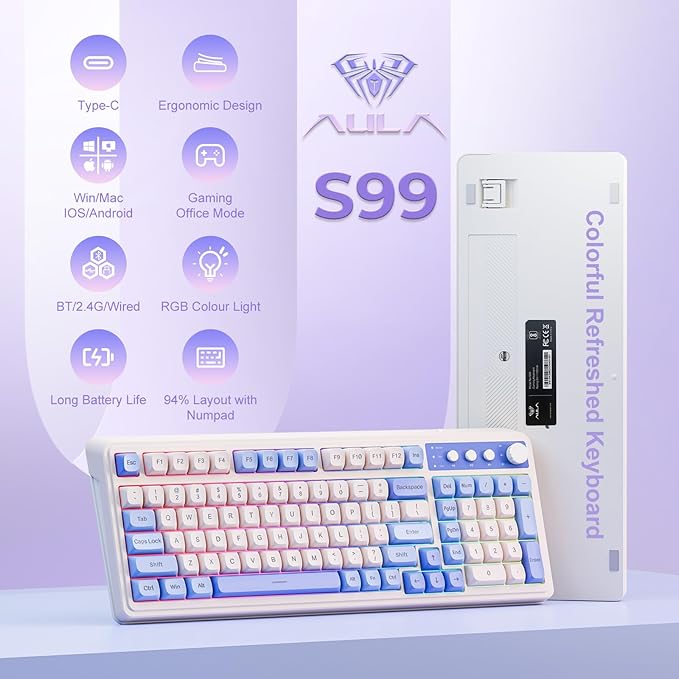 AULA 99 Key Keyboard, Tri-Mode Bluetooth/2.4GHz/USB-C Cute Creamy Gaming - Image 2