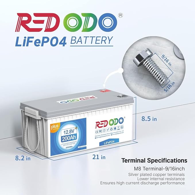 Redodo 12V 200Ah PLUS Lithium LiFePO4 Battery, Max 2560W Power Output, 200A BMS - Image 2