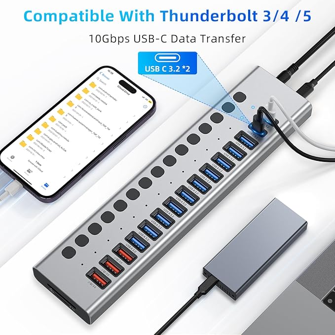 Powered USB Hub 10Gbps, 17 Ports 96W USB 3.2 Hub, 12V/8A Power Adapter - Image 7
