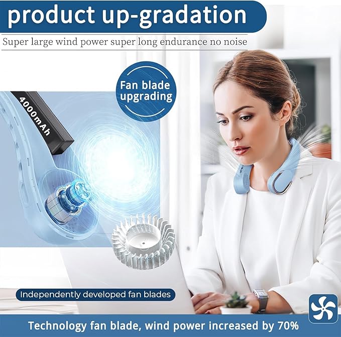 Neck Fan, Bladeless Neck Fan, USB Rechargeable Personal Fan, 4000 mAh Battery - Image 2