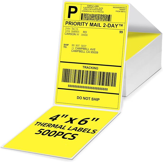 4x6 Thermal Labels, 1 Packs of 500 4x6 Fold Labels Yellow by OmezizyLabelPrinter