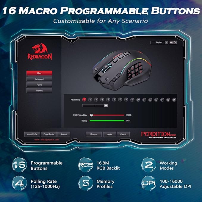 Redragon Wireless Gaming Mouse, MMO Gaming Mouse UP 16, 000 DPI, 16 Macro - Image 3