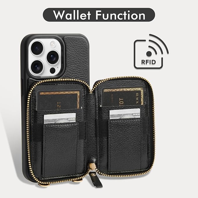 ZVE for iPhone 15 Pro Wallet Case, Crossbody Phone Purse - Image 2