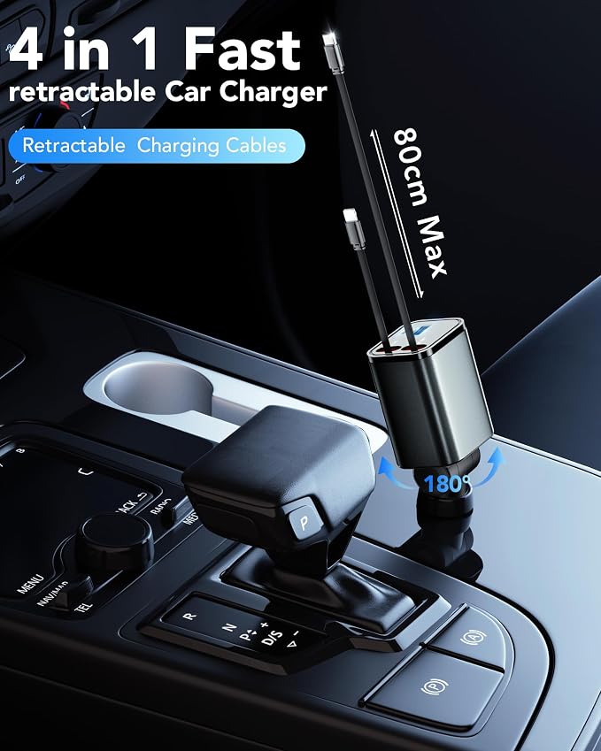Upgraded Retractable Car Charger Adapter, 4 in 1 Fast Charging Car Phone Charger - Image 7