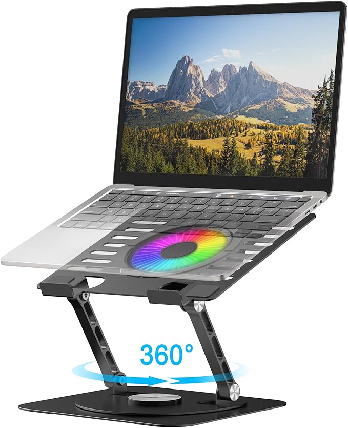Laptop Stand, with 360°Rotating Base, External Cooling Fan, Adjustable RGB by YTech