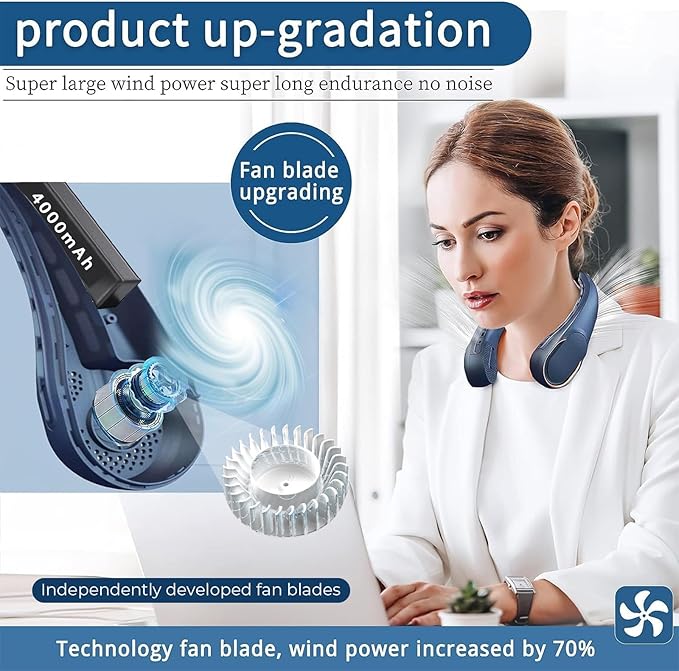 Neck Fan, USB Rechargeable Personal Fan, 4000 mAh Battery Operated, 3 Speeds - Image 2