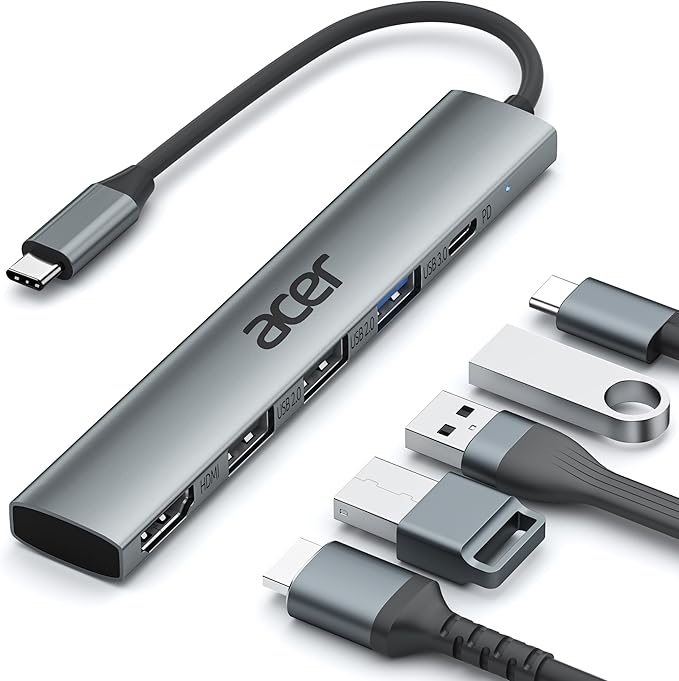 Acer 5 in 1 USB C Hub with 4K HDMI, 100W Power Delivery, 3 USB A Data Ports by Acer