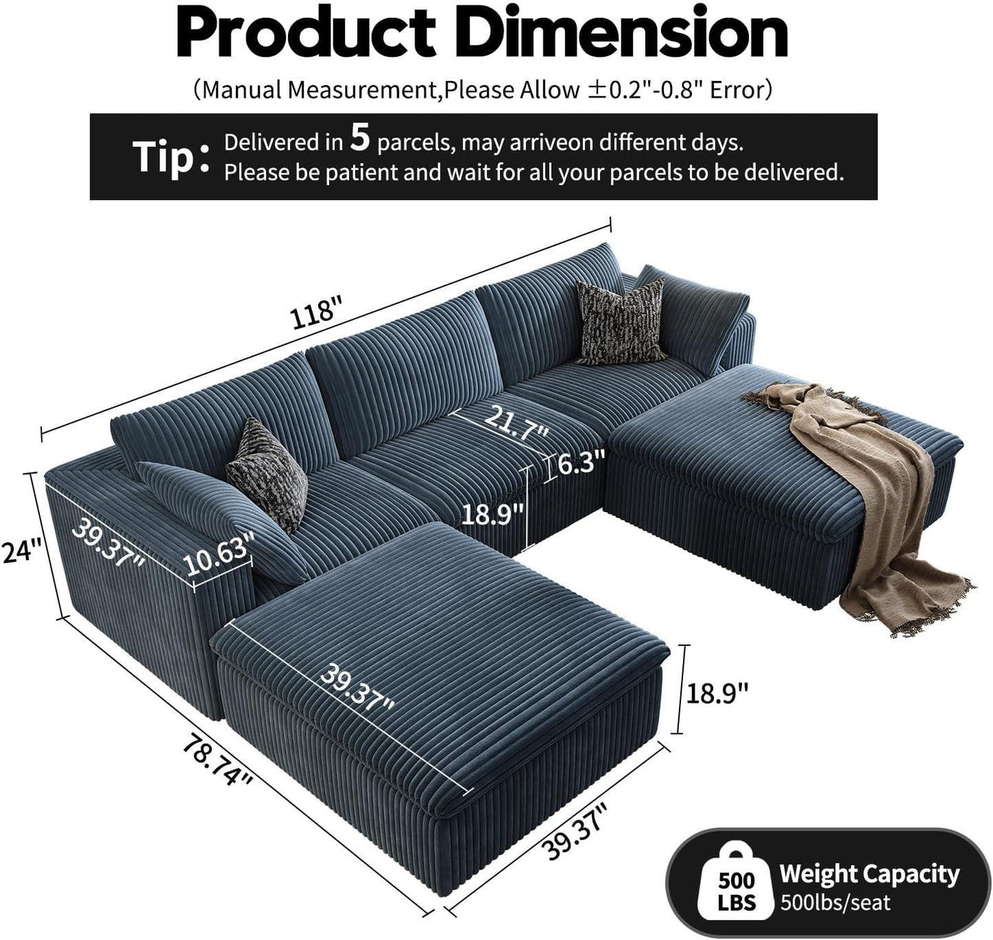 118" Cloud Couch Modular Sectional Sofa for Living Room,Modern Sofa with Deep Seat，U-Shape Boneless Couch with 2 Ottoman,Comfy Upholstered Corduroy Couches for Apartment, Studio, Office,Bedroom，Blue
