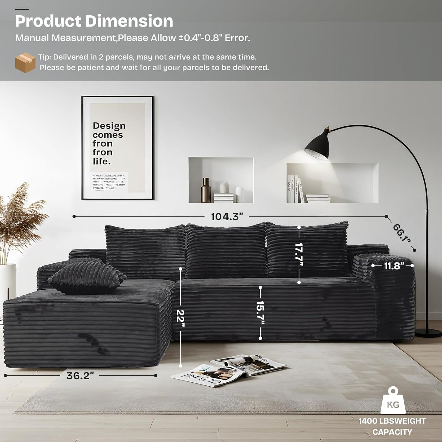 104" Modern Modular L-Shape Sofa Couch with Chaise Grey Faux Rabbit Fur Cloud Sectional Couch with Deep Seat Modular Sectional Sofa No Assembly Required Upholstered Couches for Living Room Bedroom